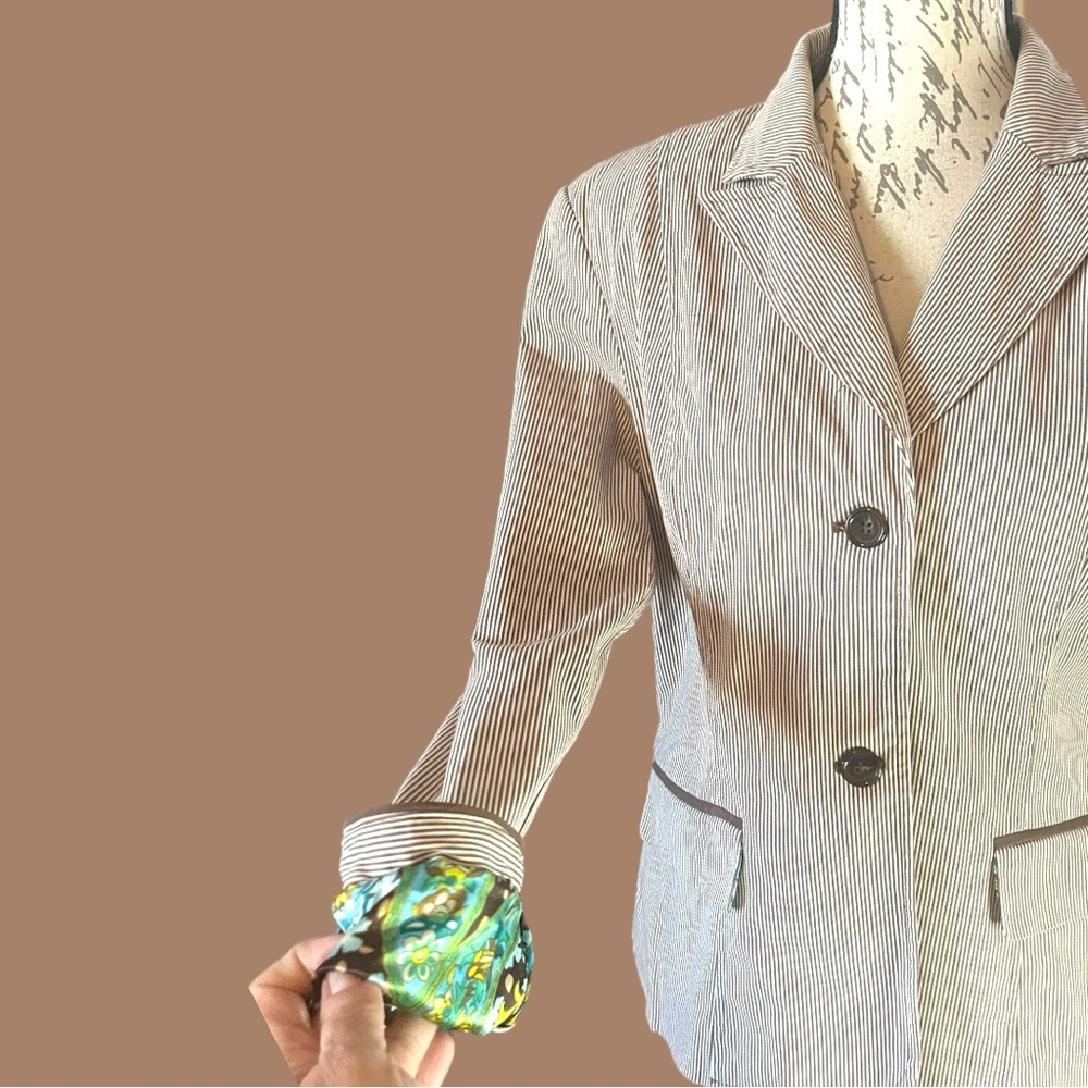 BOB MACKIE Brown/Cream Striped Contrasting Floral Lining Fitted Blazer Size 12